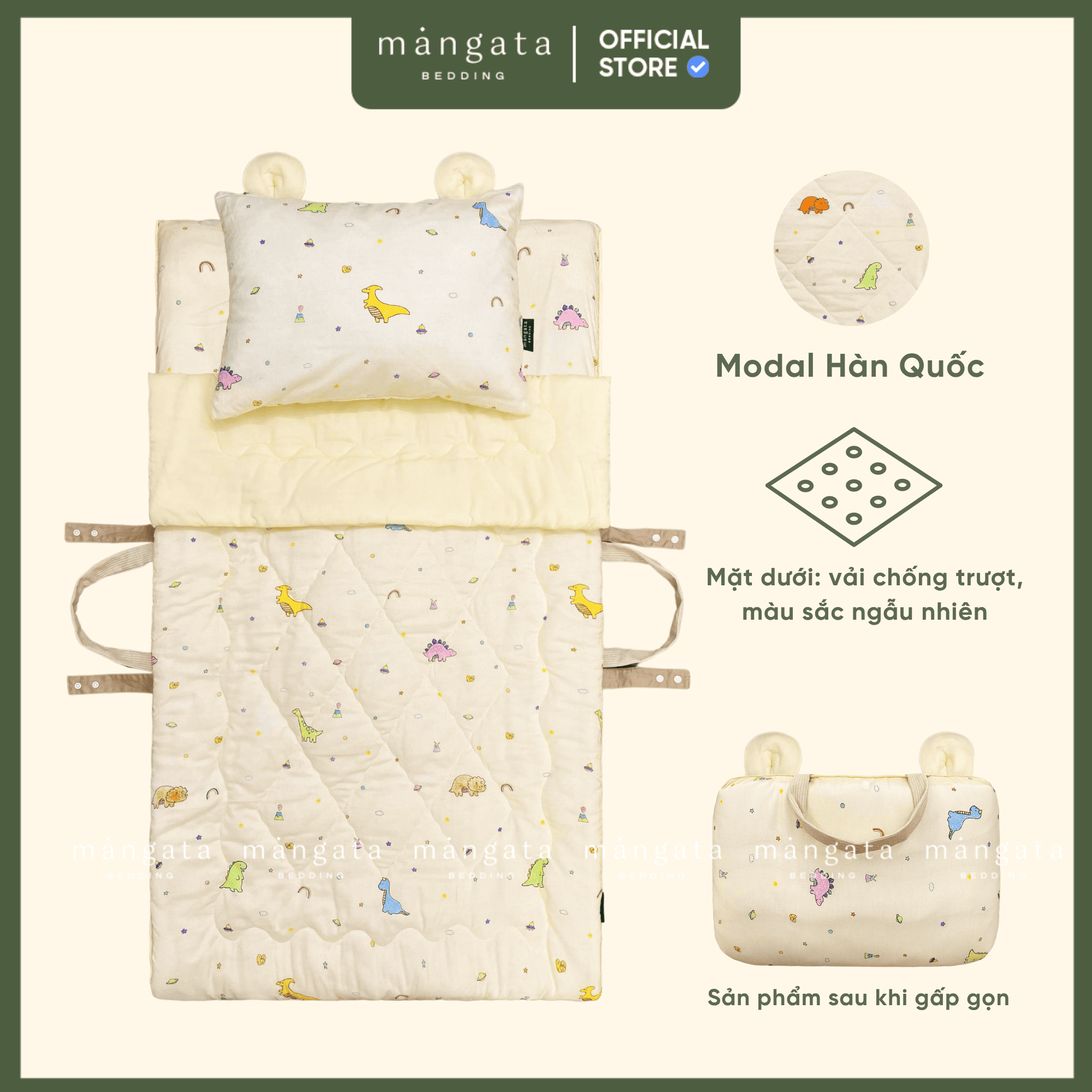 Mẫu Khủng long be - Bộ chăn gối gấp gọn đi học