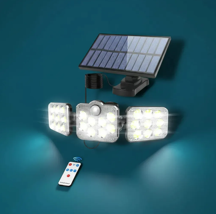 Lámpara Aplique Solar Exterior de 3 Cabezales - 138 LEDs con Sensor de Movimiento