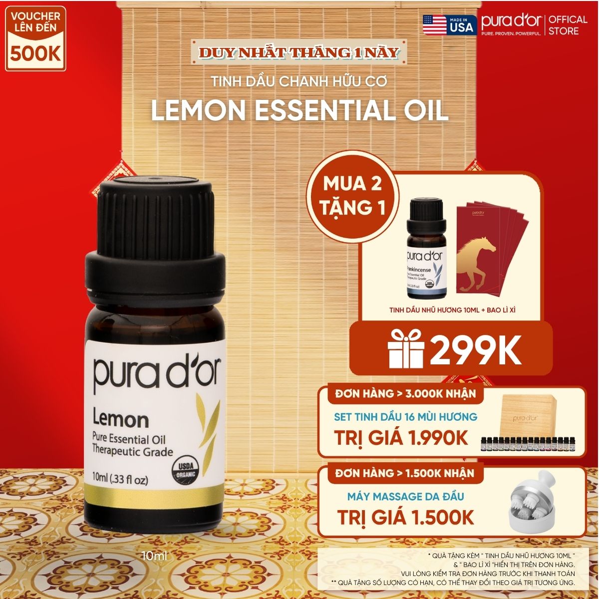Tinh Dầu Chanh Hữu Cơ PURA D’OR Therapeutic Grade Lemon Essential Oil 10ml