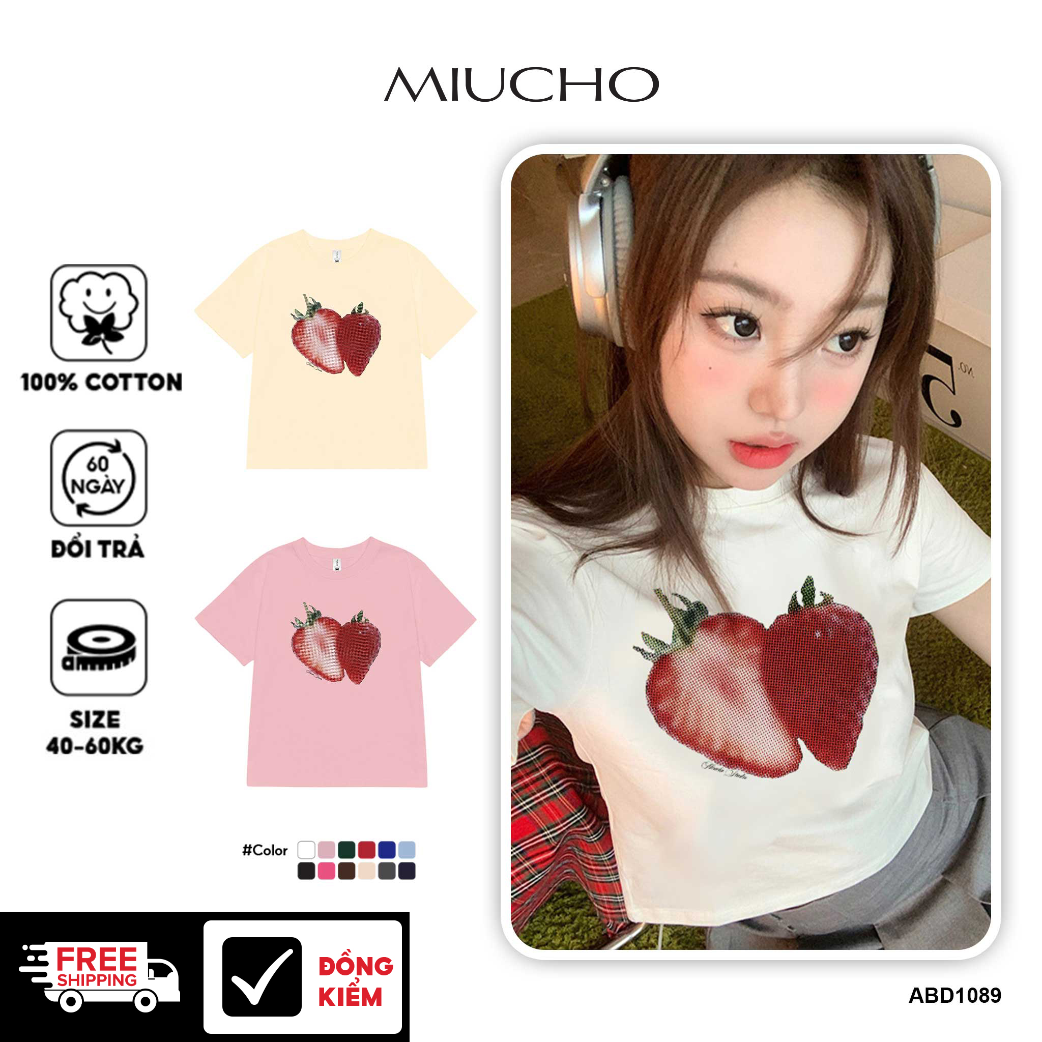 Áo thun baby tee hình quả dâu form ôm xinh xắn ABD1089 Miucho tay ngắn Cổ tròn hotrend in mix_thumbnail_1