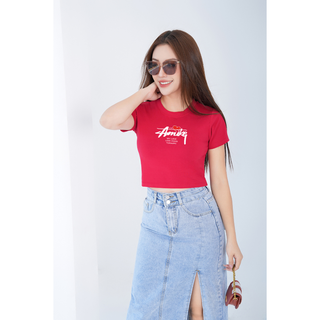[Form ôm] Áo croptop nữ in chữ Amikq - Áo thun dáng croptop slim fit - LOZA CR6385_thumbnail_4