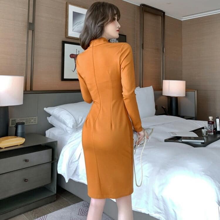 Đầm body xếp ly cổ V tay dài_thumbnail_2