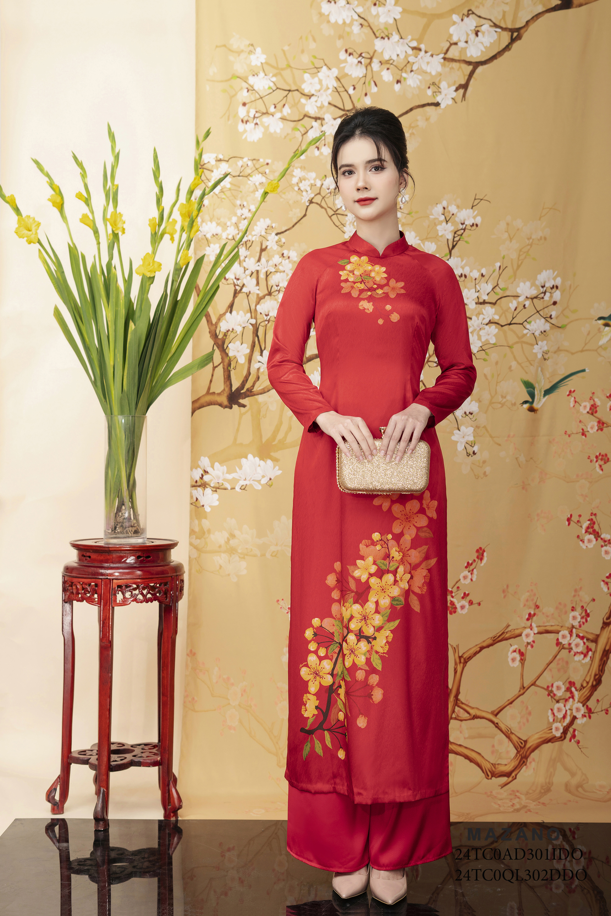 Quần  áo dài suông Cạp cao Vải Lụa Dài qua mắt cá chân-đi kèm mã áo mã AD301IDO