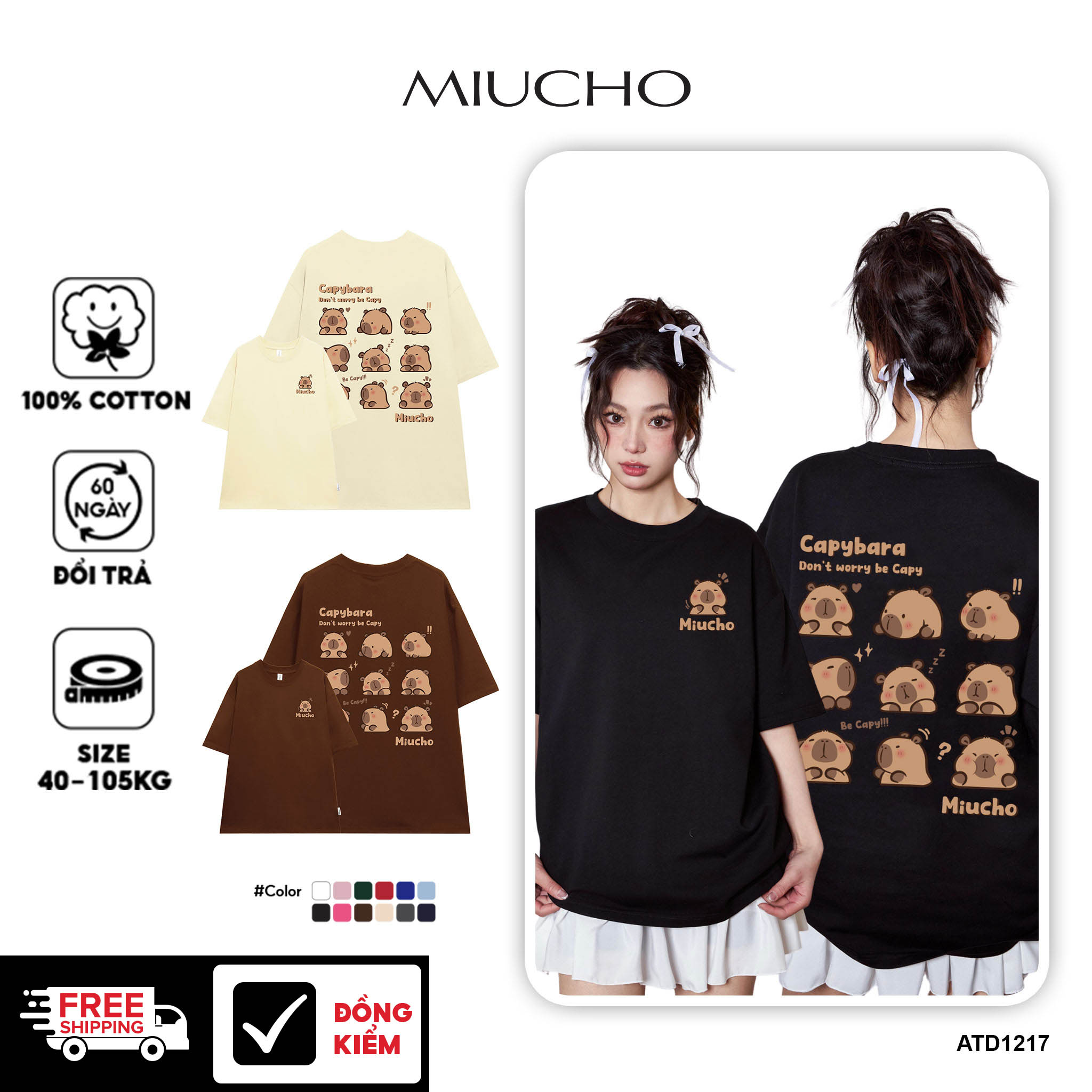 Áo thun gấu Capybara unisex form rộng tay lỡ màu xinh ATD1217 Miucho vải cotton thoáng mát cổ tròn in mix