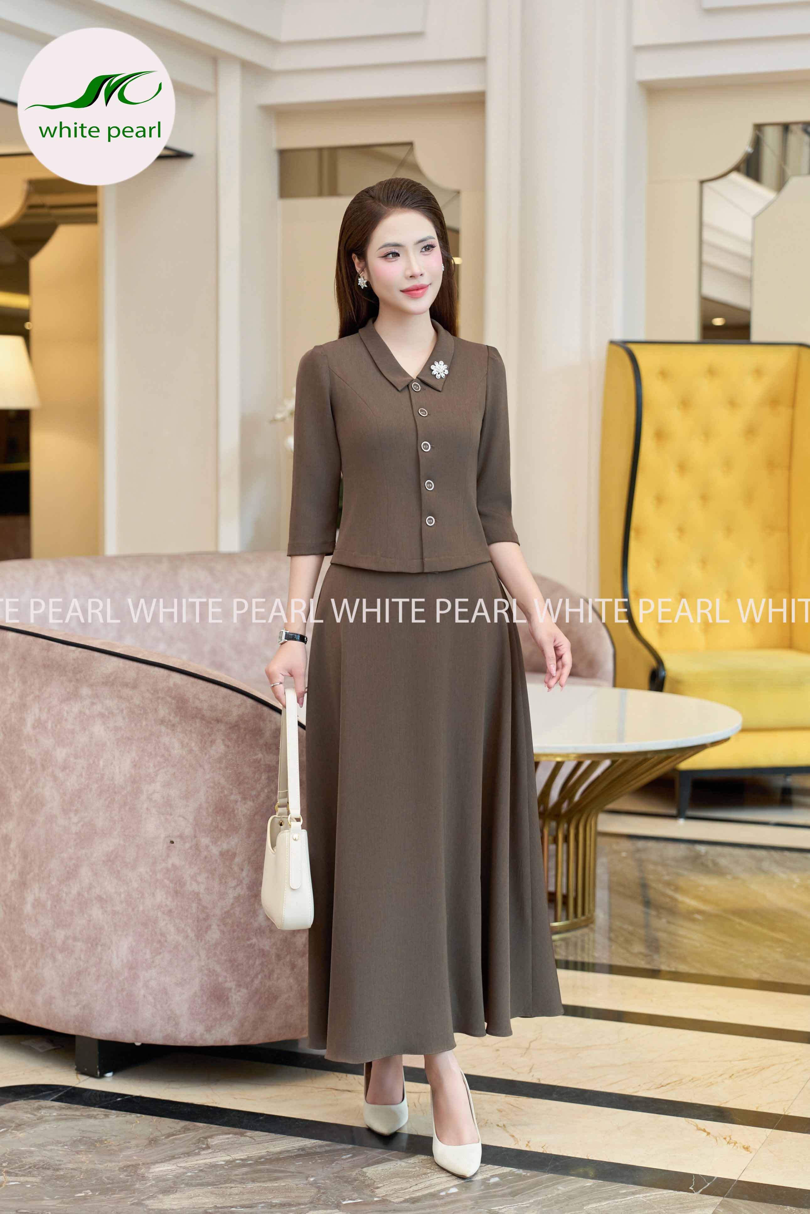 SET AK26-24 | Áo ký giả cổ sen vuông kết hợp Chân váy xoè CVTT26-09 Thời trang công sở cao cấp White Pearl_thumbnail_2