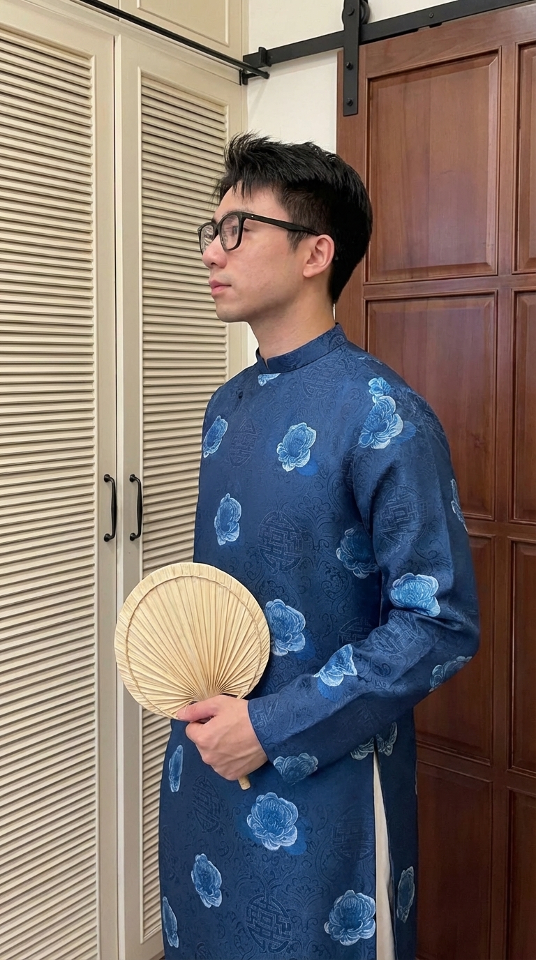 Áo Dài Nam Xanh Lam Đậm Có Họa Tiết