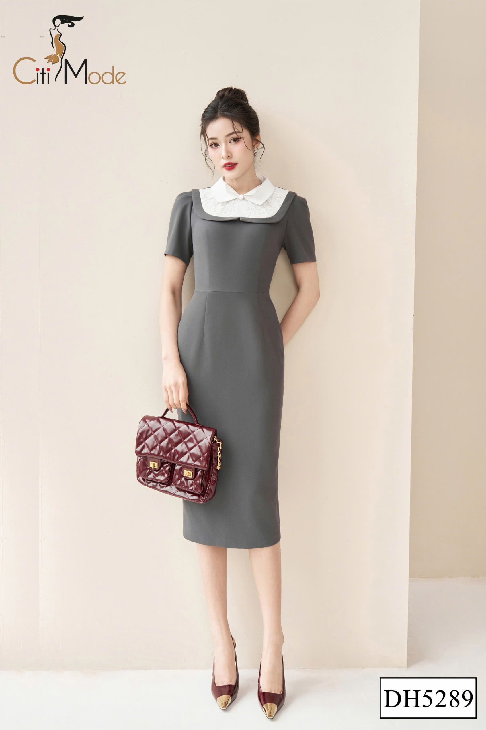 Đầm ôm ghi phối trắng cổ bẻ phối ren_thumbnail_2