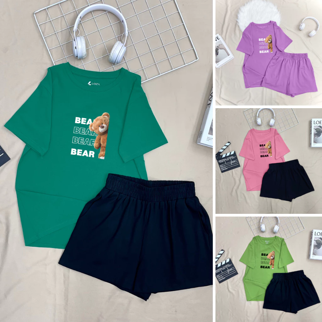 Set đồ nữ LOZA hình gấu Bear - Đồ bộ nữ mùa hè gồm áo thun dáng rộng + quần đùi cotton - BP17 BP17