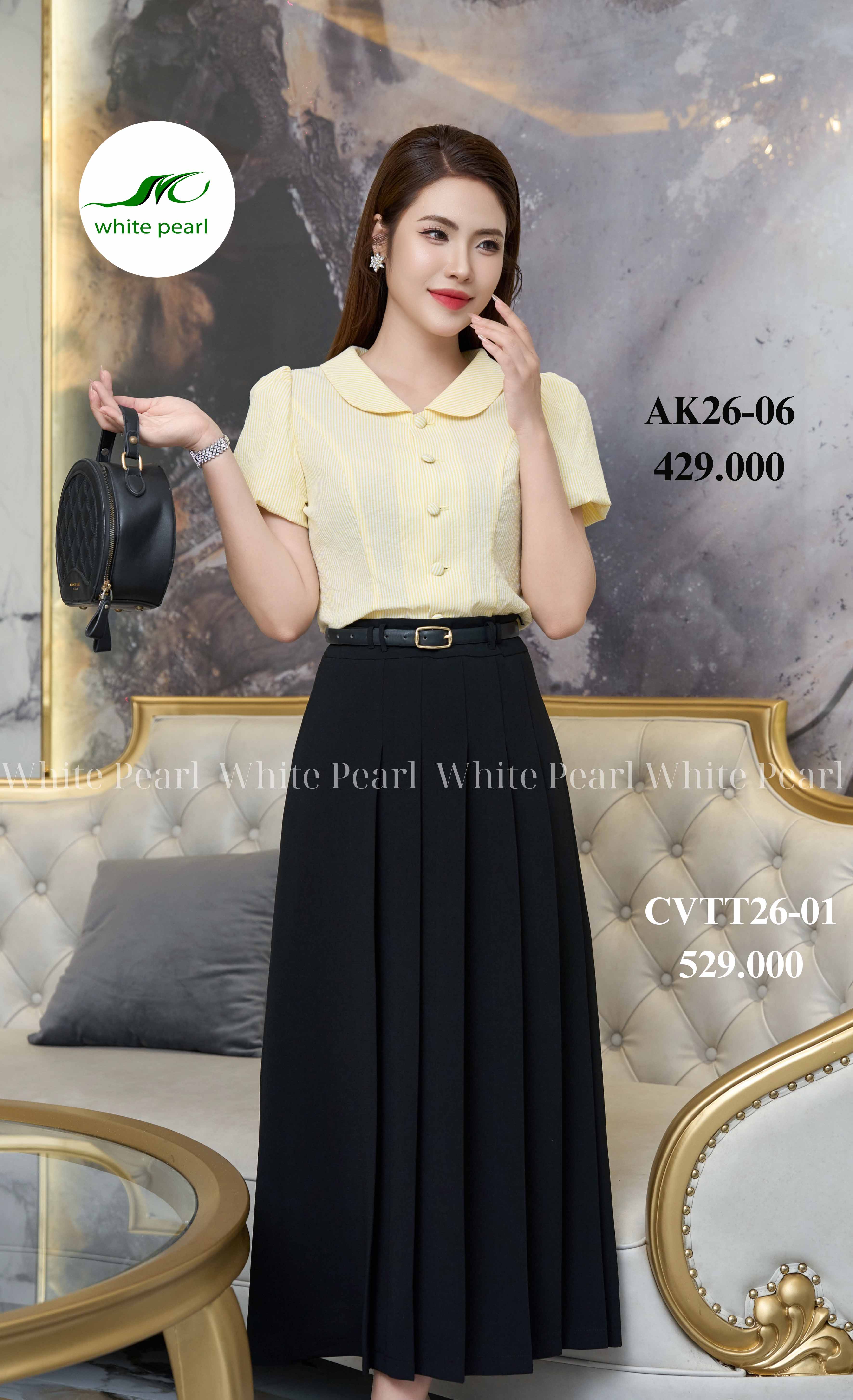 Chân váy thời trang xoè xếp 6 ly lệch thời trang công sở nữ cao cấp White Pearl_thumbnail_0
