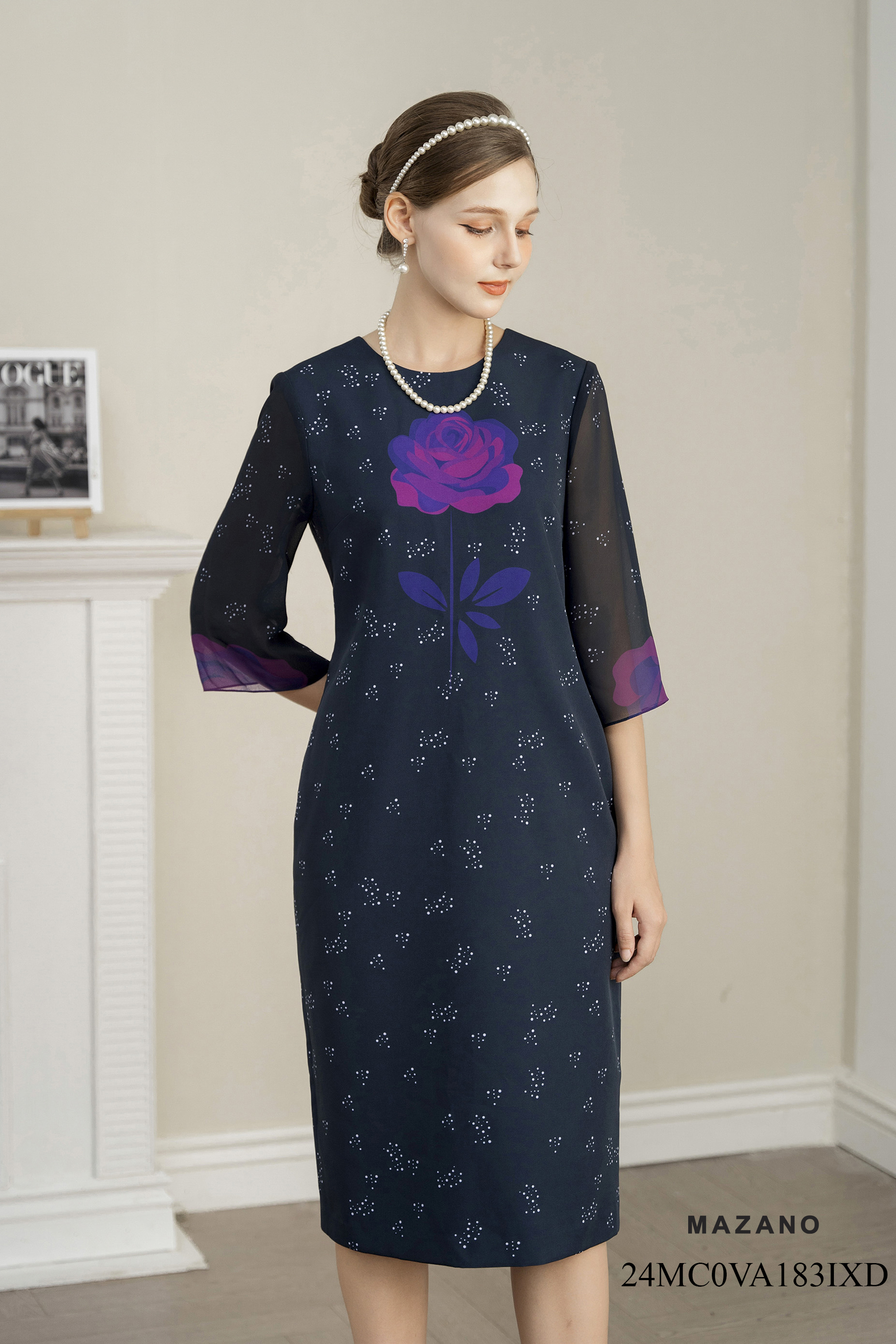 Váy Đầm Suông Vải thô mỏng Hoạ tiết hoa in bố cục Cổ tròn Tay lỡ Dài đến bắp chân_thumbnail_4