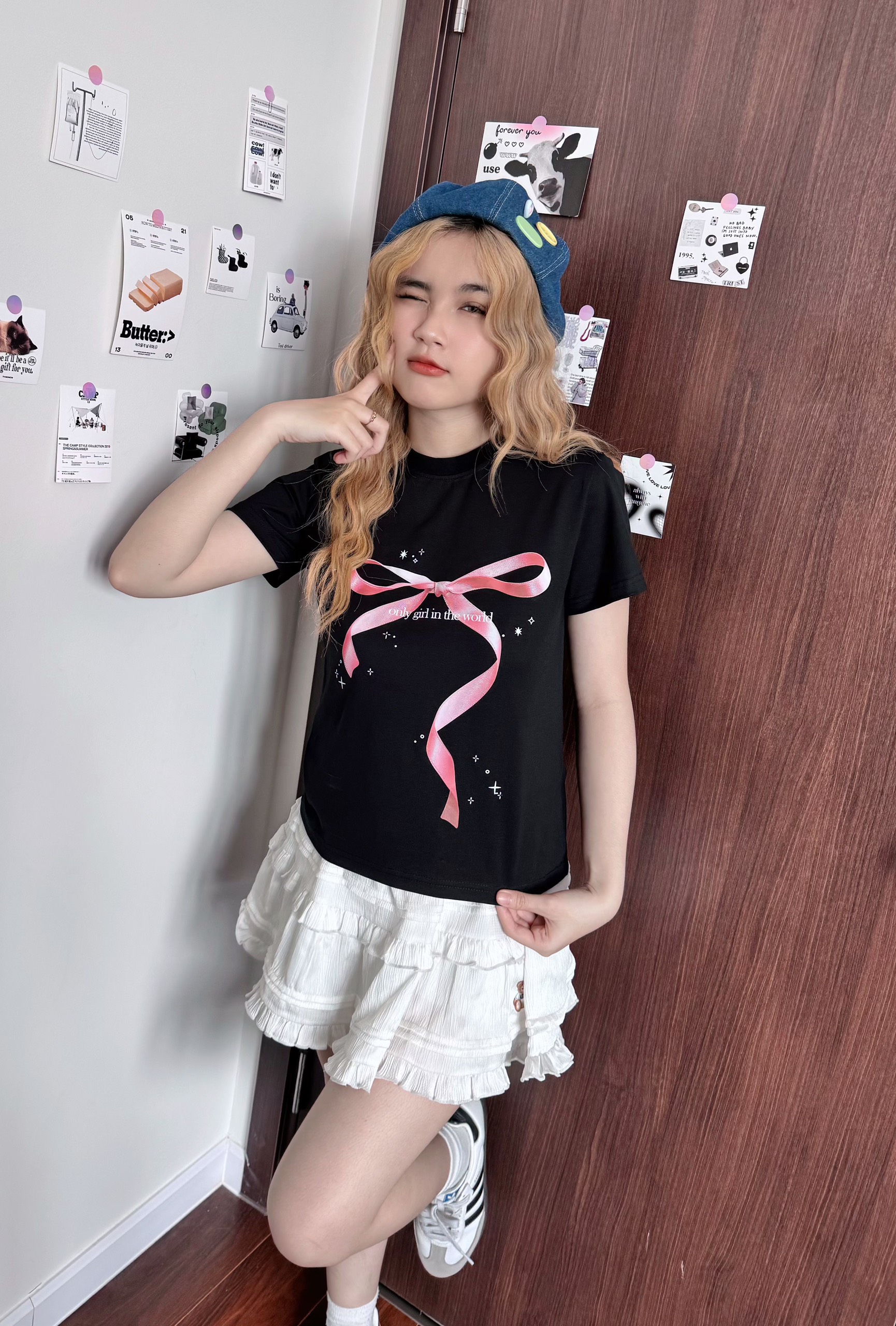 Áo thun baby tee hình nơ form ôm xinh xắn ABD849 Miucho tay ngắn vải Cotton Cổ tròn hotrend in basic_thumbnail_4