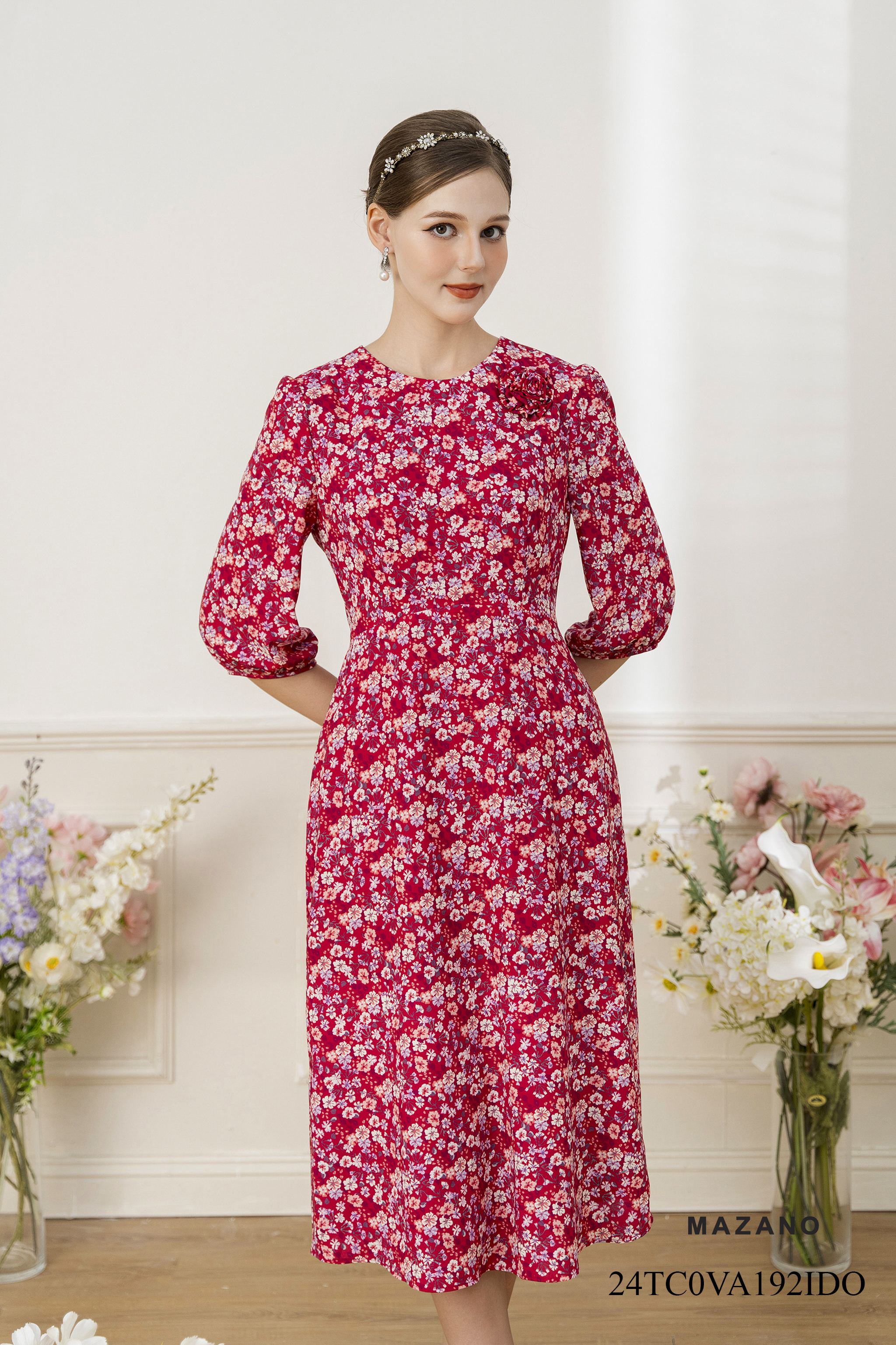 Váy Đầm ôm Chân rủ Vải voan Hoạ tiết hoa cách điệu Cổ tròn tay lỡ Dài qua bắp chân  192IDO