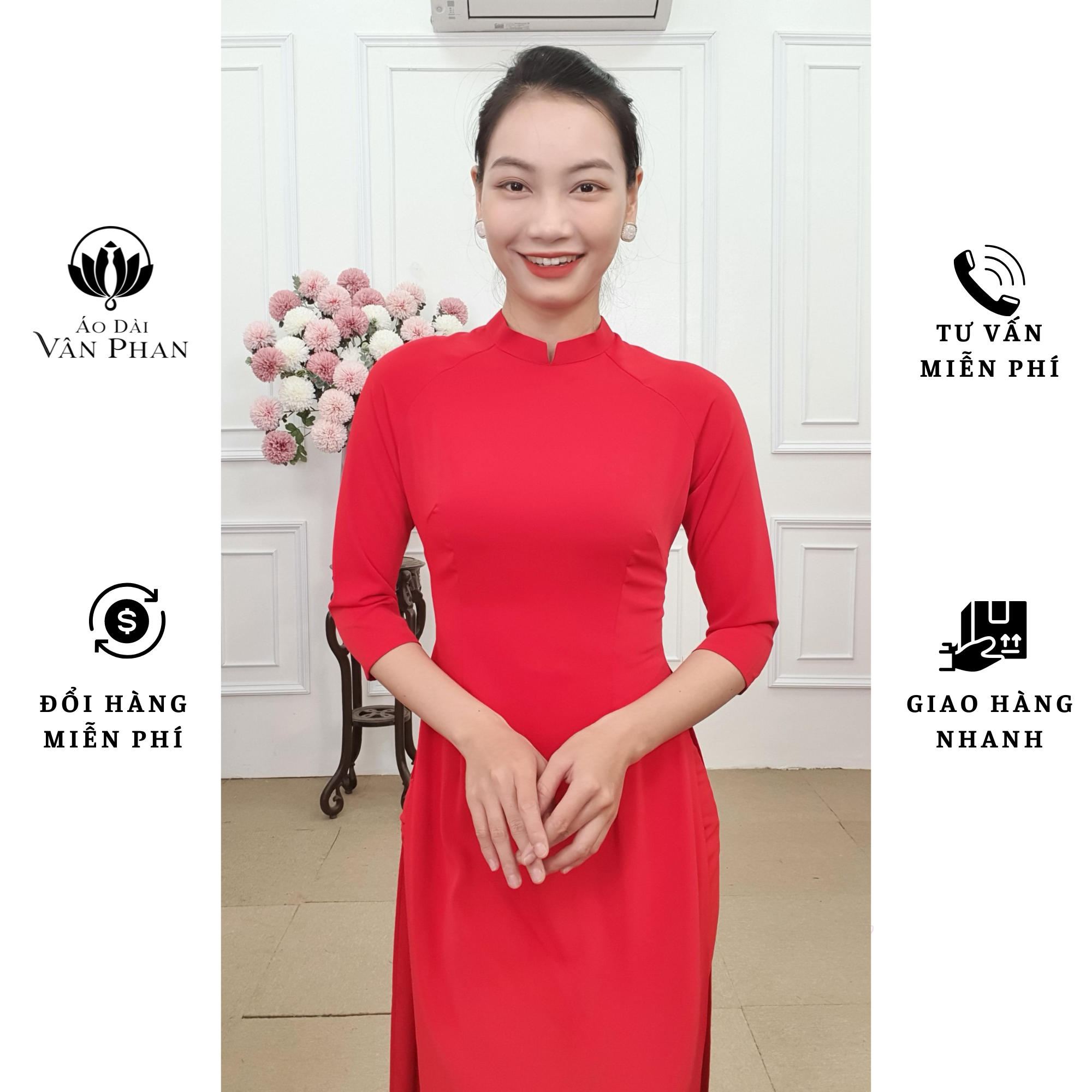 A2066CC bộ áo dài lụa mỹ đỏ trơn cổ 2p tay lỡ_thumbnail_2