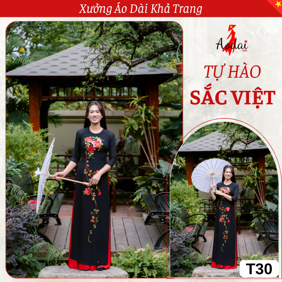 T30 Áo Dài Thêu Hoa đỏ Cánh Tròn thiết kế cổ Tròn Tay Lỡ
