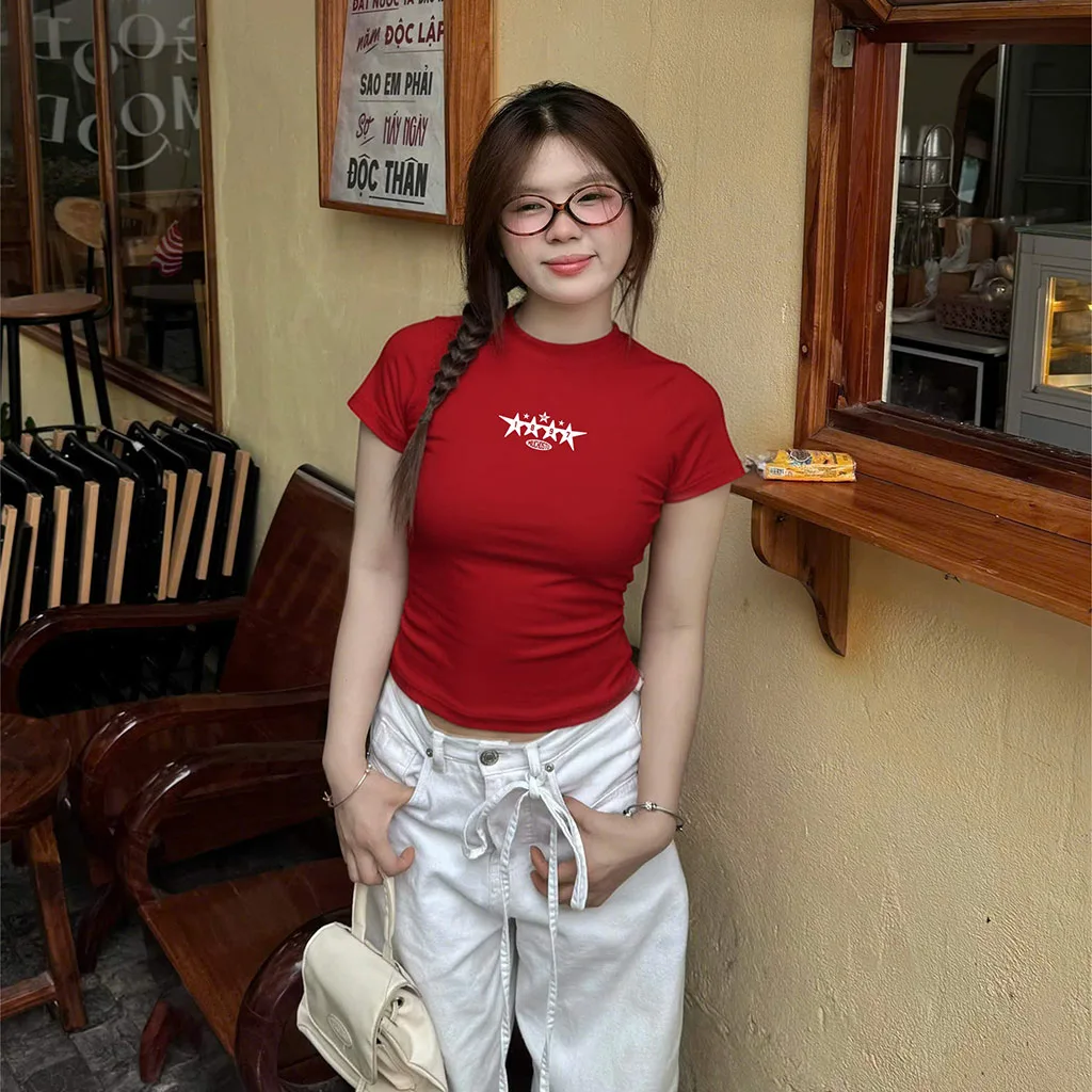 Áo baby tee nữ slim fit Beezy vải visco thoáng mát ôm body tay ngắn cổ tròn basic in mix_thumbnail_2