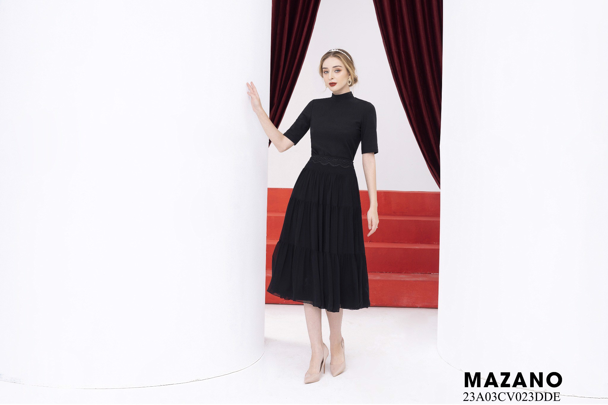 Chân váy vải voan màu đen nhiều tầng cạp phối ren_thumbnail_2