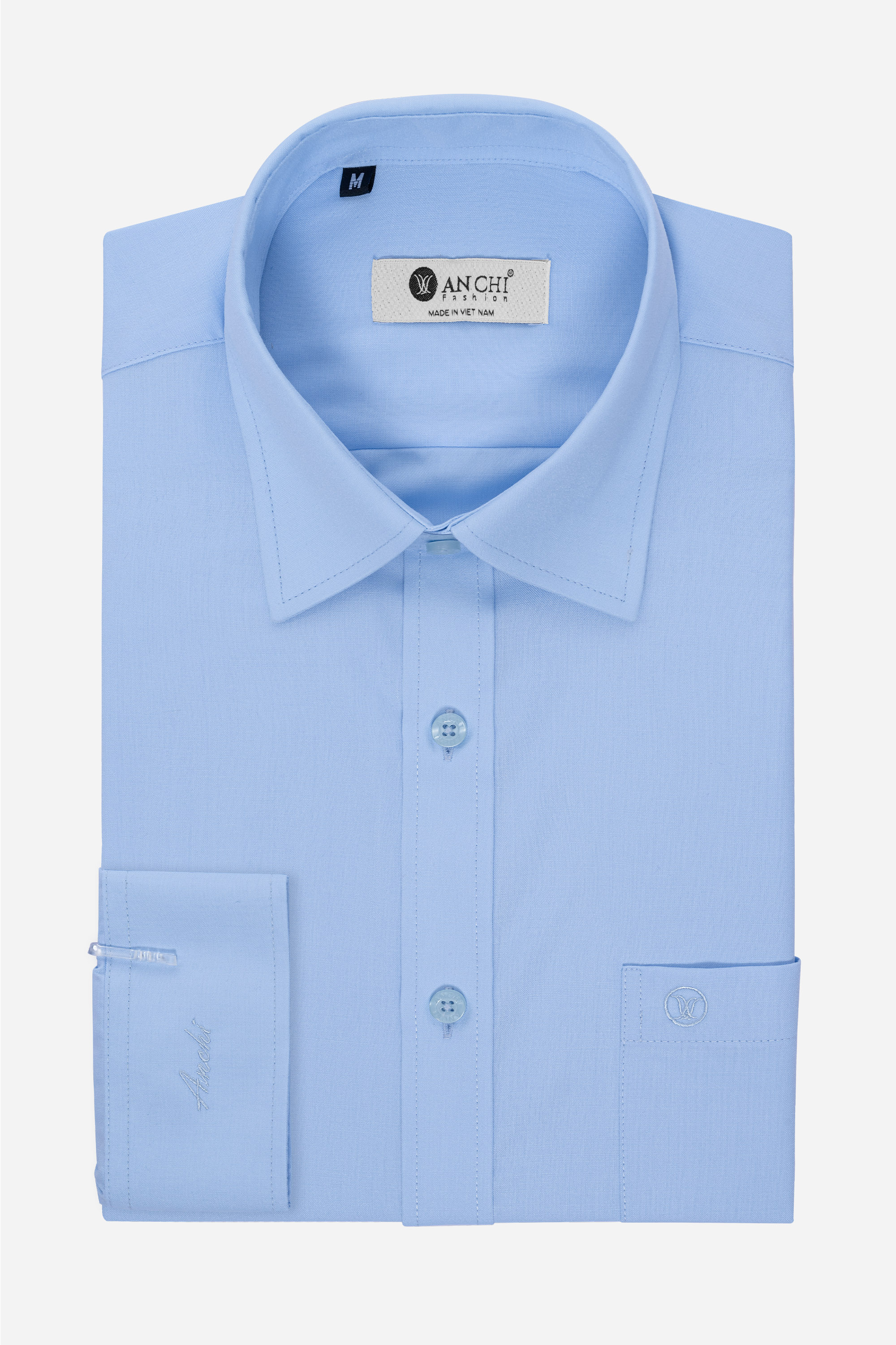 Sơ Mi Trơn Dài Tay Nam Trung Niên ANCHi Chất Liệu Cotton Nhập Khẩu Màu Xanh Lơ