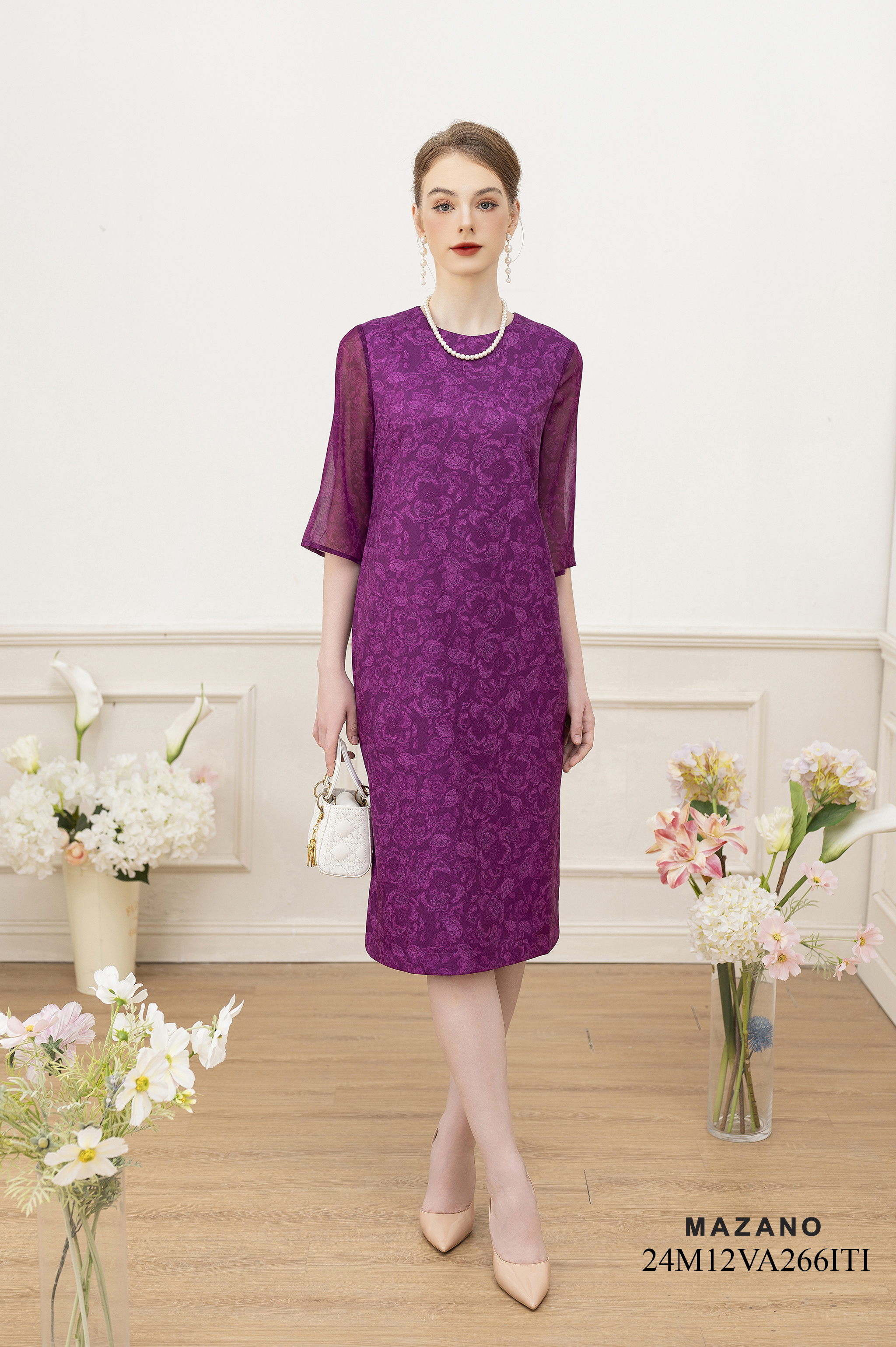 Váy Đầm suông Vải thô phối voan Hoạ tiết hoa trà cách điệu Cổ tròn Tay lỡ Dài đến bắp chân_thumbnail_2