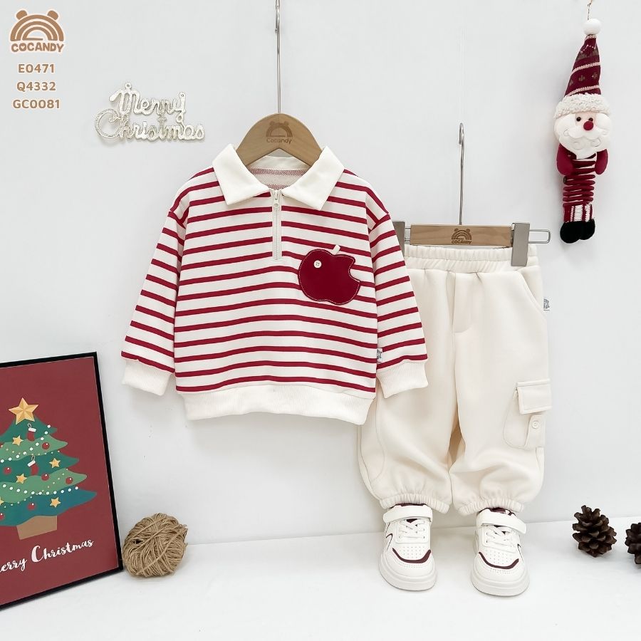 Áo dài ĐỎ kẻ BE cổ bẻ phối hình táo đỏ