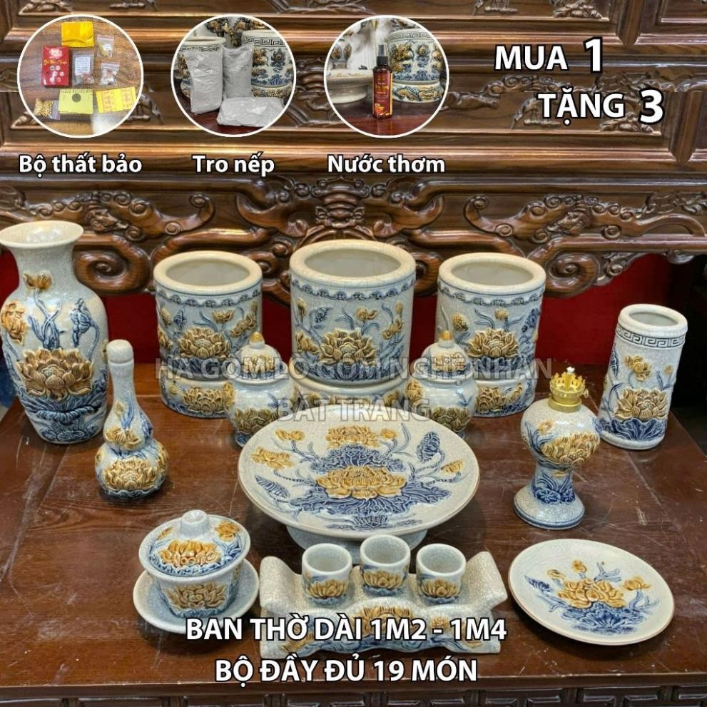 HG041 Đồ Thờ Cúng Bộ 19 món ban thờ 1M2 - 1M4 men rạn nổi nghệ nhân Bát Tràng TẶNG Thất Bảo, Tro Nếp