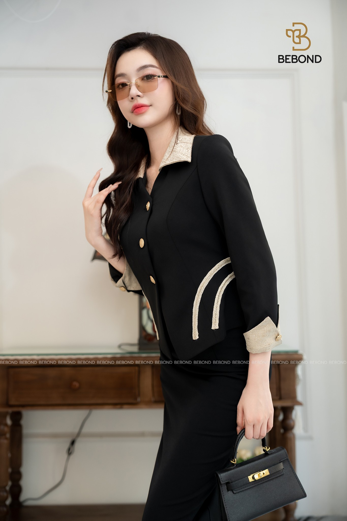 Set Vest SERENA cổ cải màu ĐEN