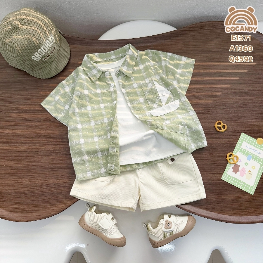 Áo cộc sơ mi caro XANH LÁ phối túi ngực kiểu