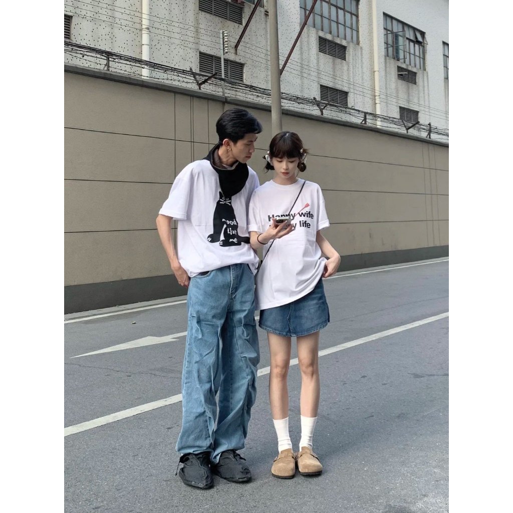 Áo thun couple cặp đôi form rộng tay lỡ màu xinh ATD864 Miucho vải cotton cổ tròn in mix_thumbnail_2