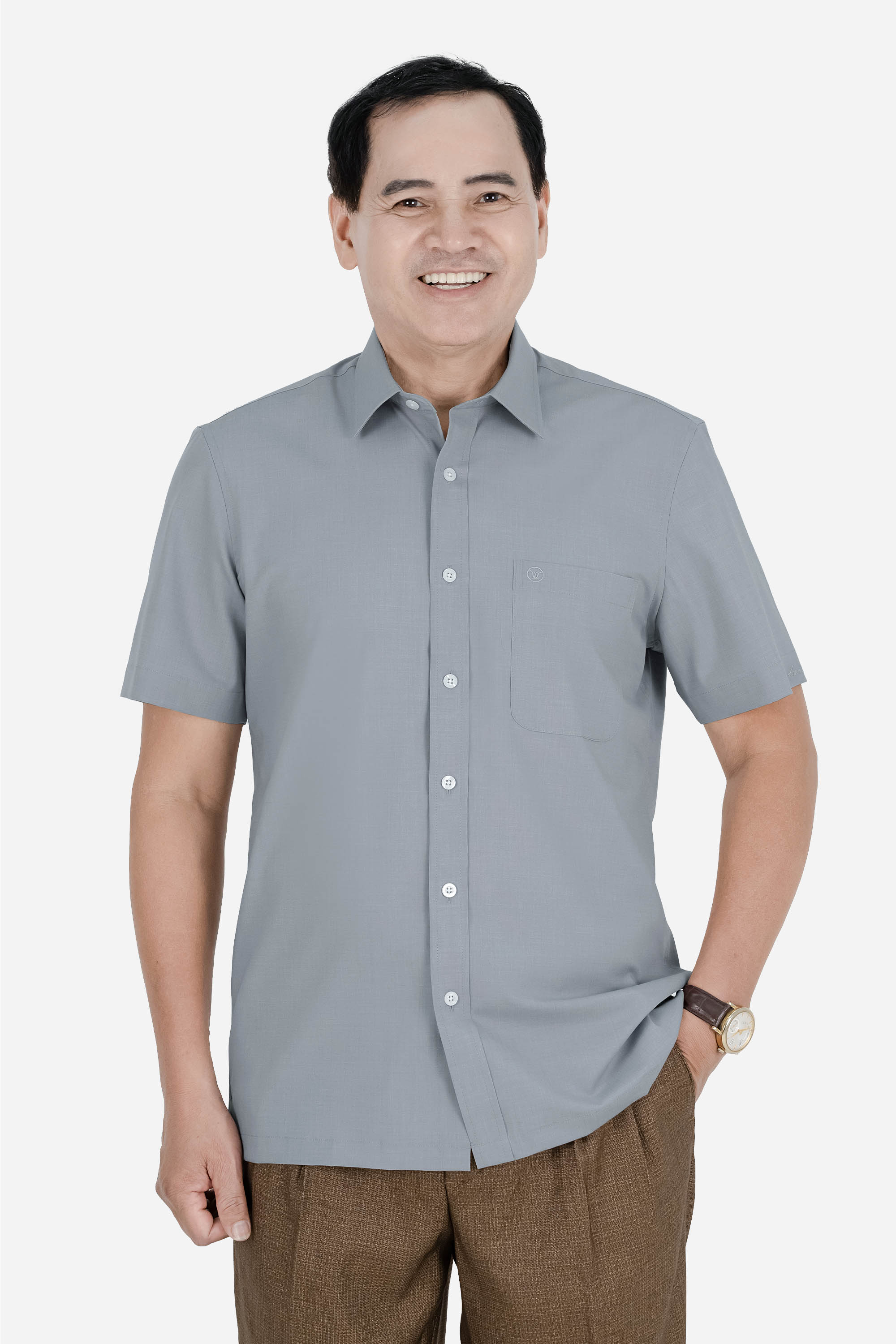 Áo Sơ Mi Trơn Cộc Tay Nam Trung Niên ANCHI Chất Liệu Sợi Gỗ Thoáng Mát Màu Ghi