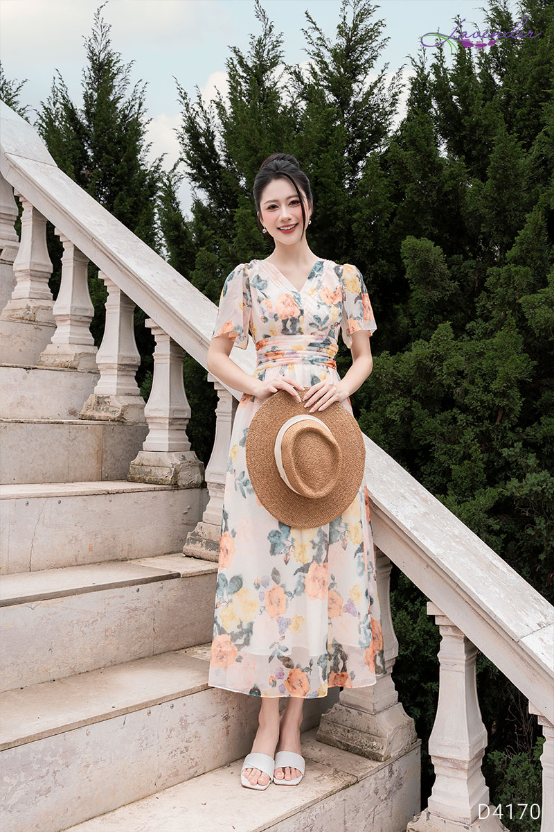 Đầm tơ hoa cam cổ V tay ngắn D4170
