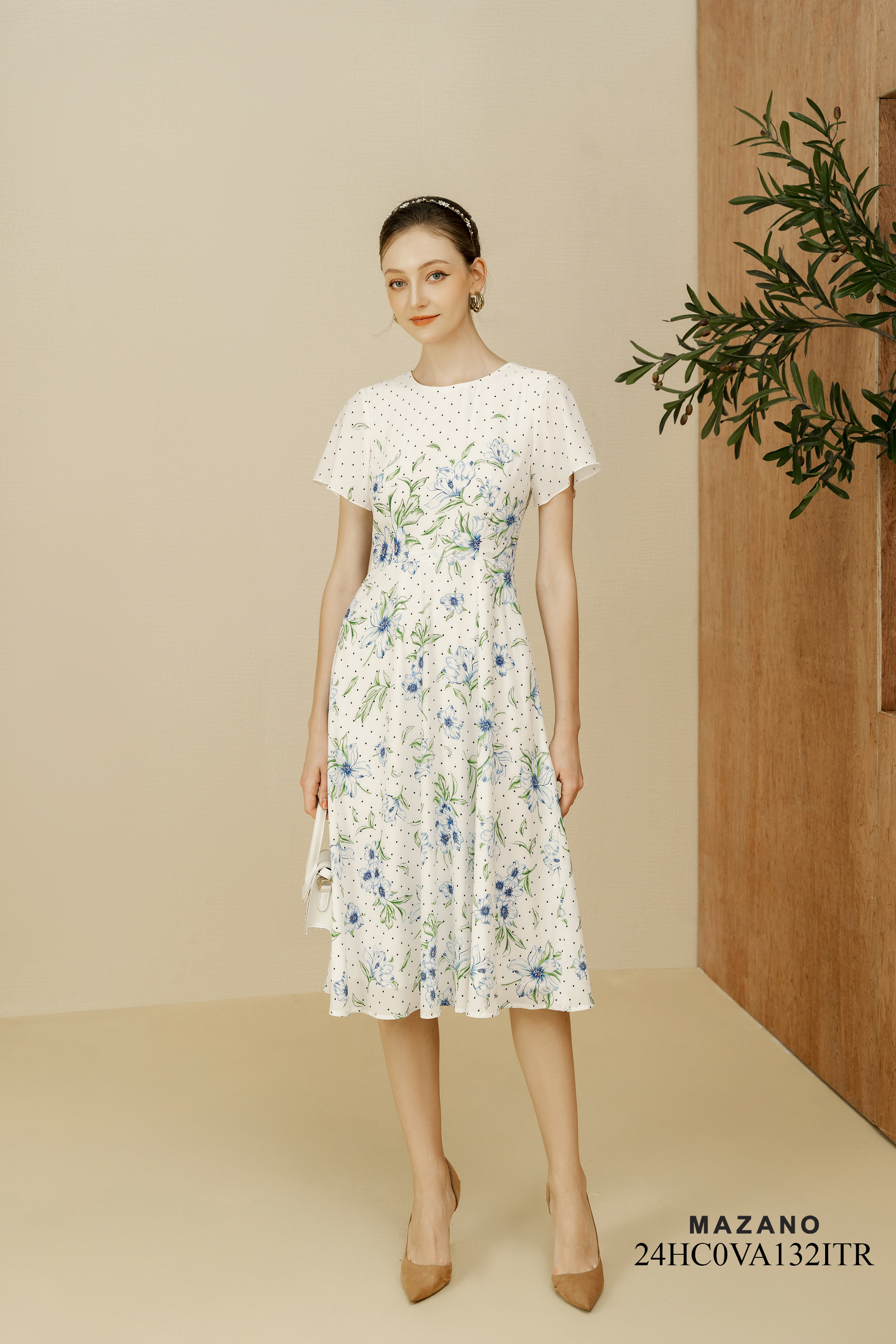Váy Đầm Ôm Vải chiffon Hoạ tiết hoa cách điệu chấm bi Cổ tròn Tay ngắn Dài ngang bắp chân_thumbnail_1
