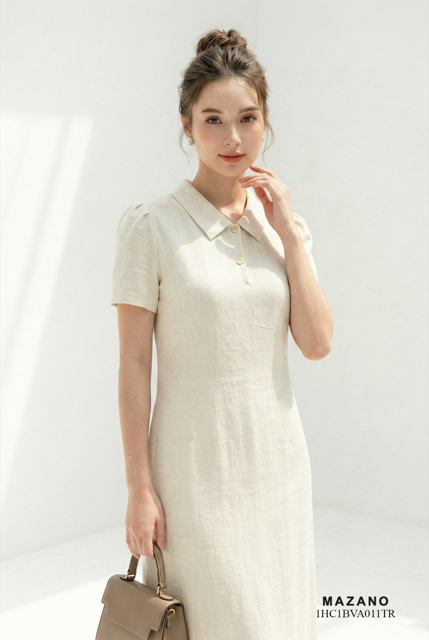 Đầm vải thô pha linen trắng kem dáng suông cổ sơ mi tay ngắn thiết kế MAZANO 1HC1BVA011TR_thumbnail_4