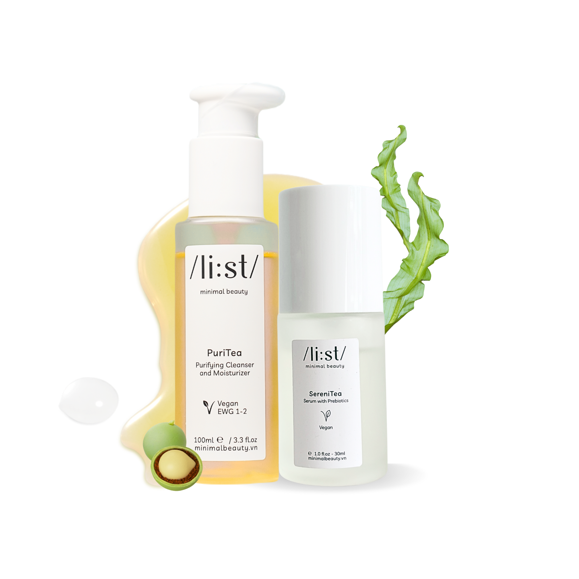 Bộ Đôi Chăm Da Tối Giản Li:st Dưỡng Da, Phục Hồi Và Cân Bằng Da Trà Rửa Mặt PuriTea 100ml, Serum SereniTea 30ml