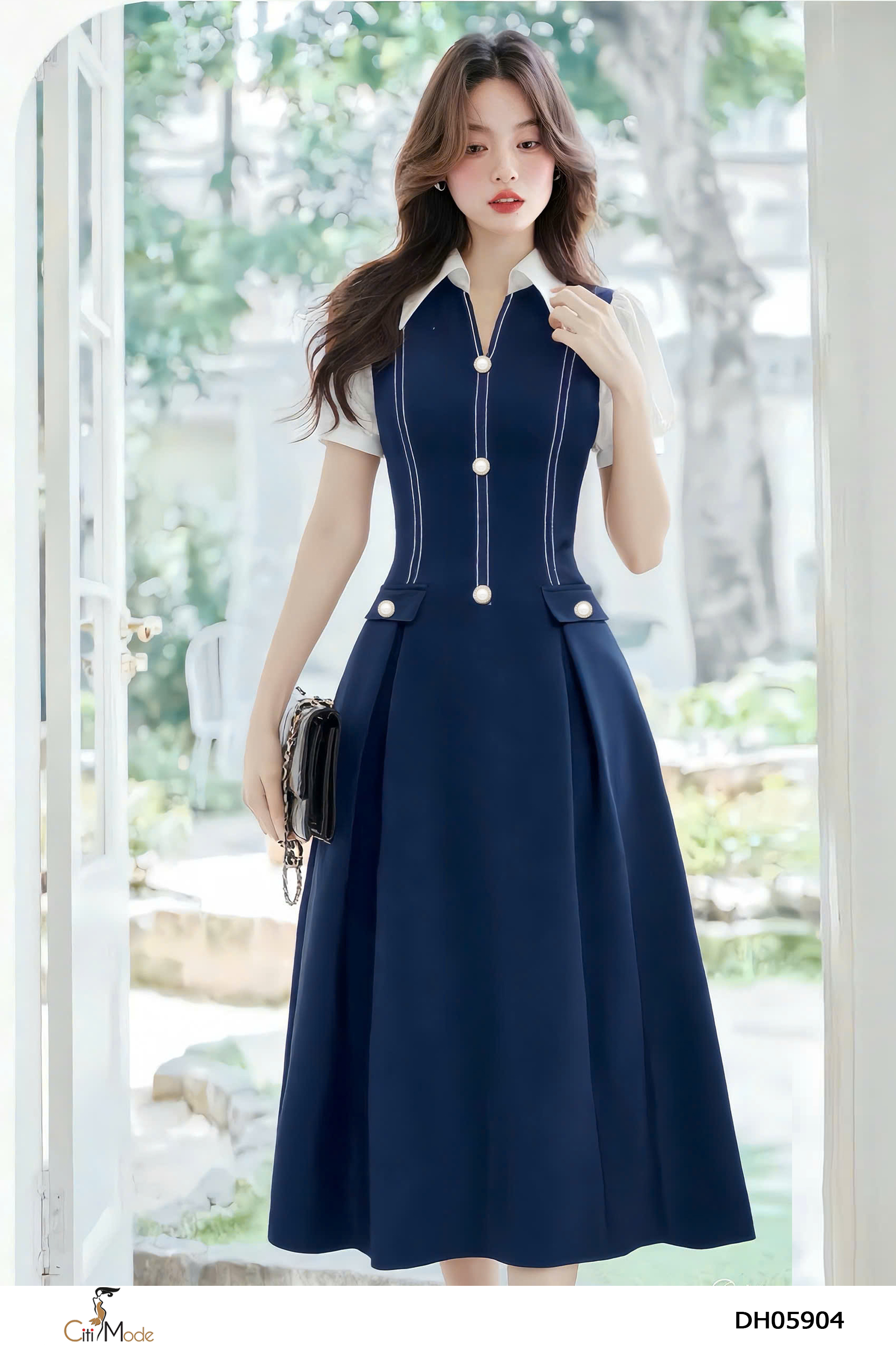 Đầm xòe tím than cổ đức tay phối trắng