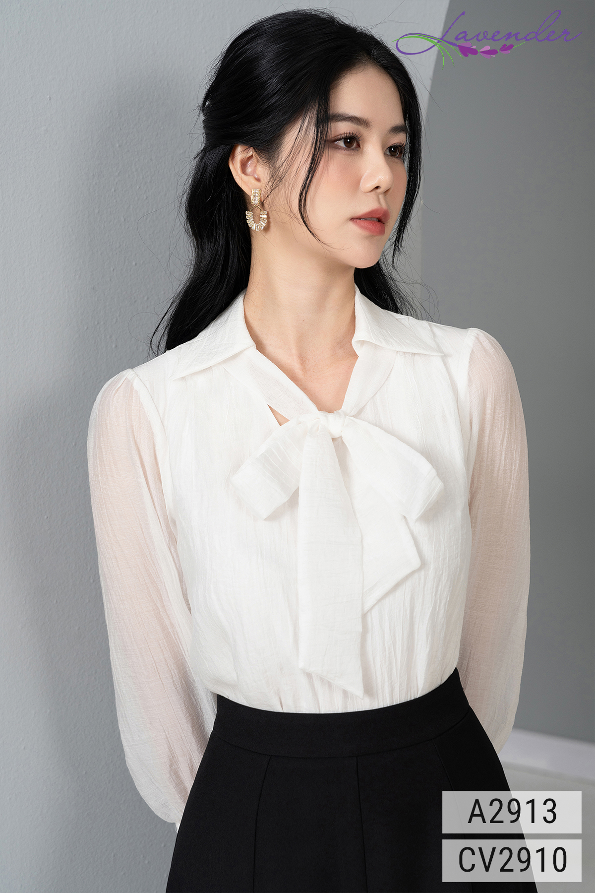 Áo sơ mi trắng nữ công sở LAVENDER tay dài cổ nơ A2913