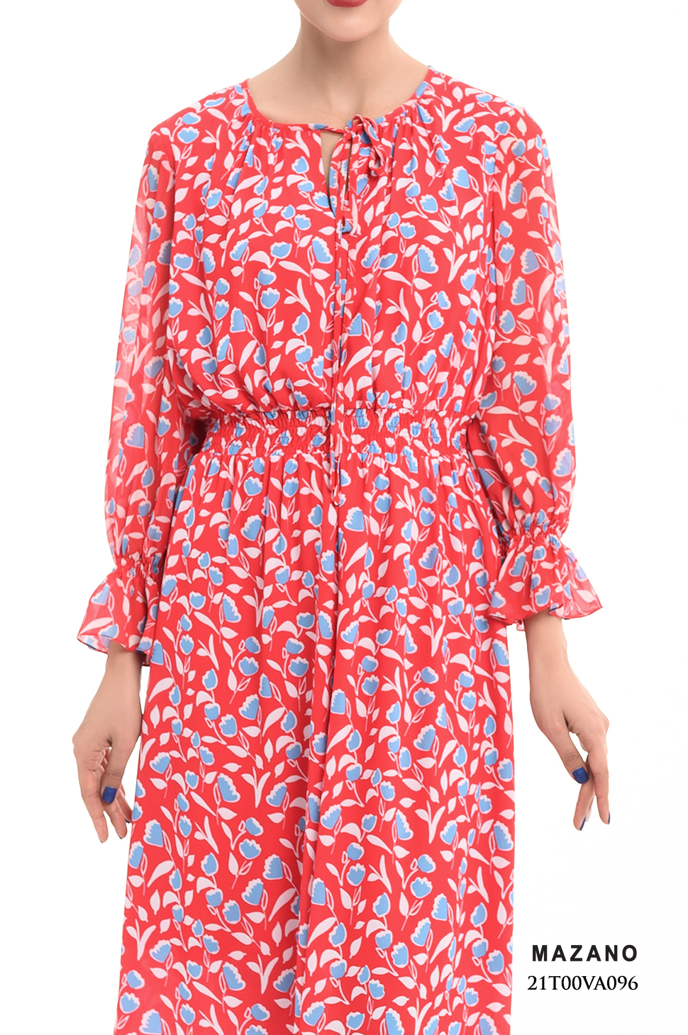 Đầm đỏ họa tiết chun eo thắt nơ cổ_thumbnail_4