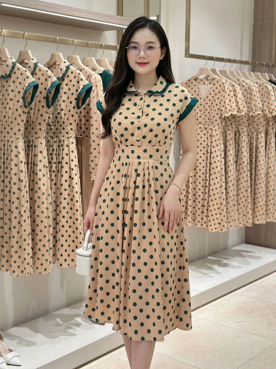 Đầm xòe họa tiết chấm bi cổ Peter cột nơ_thumbnail_4