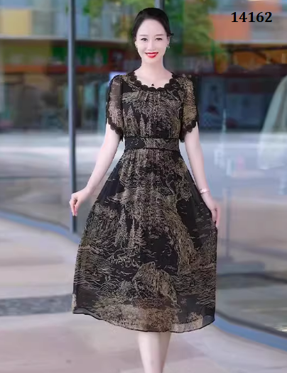 14162-Đầm voan xòe in họa tiết cổ viền sóng cách điệu( voan, lót)_thumbnail_1