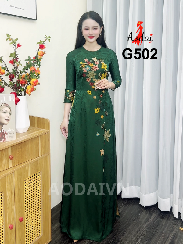 G502 Áo dài Gấm in 3D màu xanh rêu, cổ tròn tay lỡ