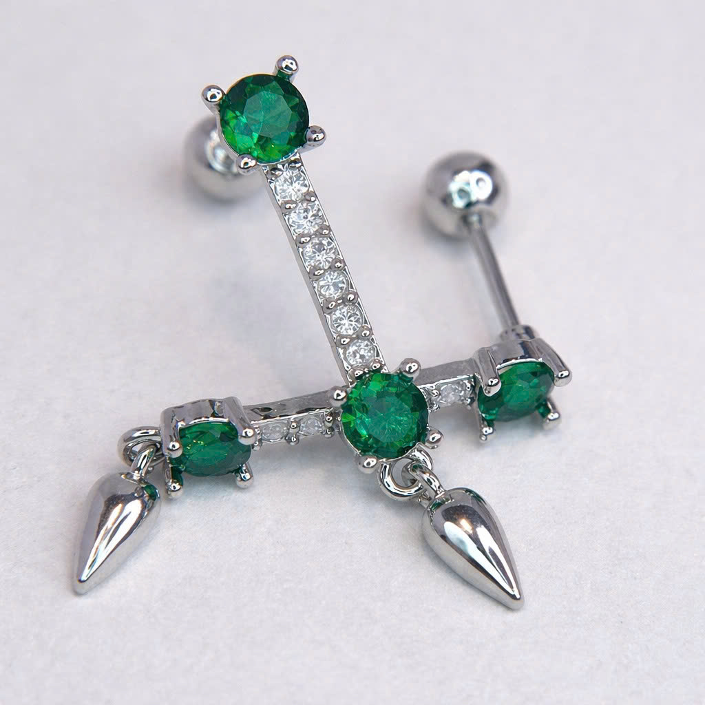 Khuyên kiểu 2 đầu đá xanh lá thanh dài rơi dẹt