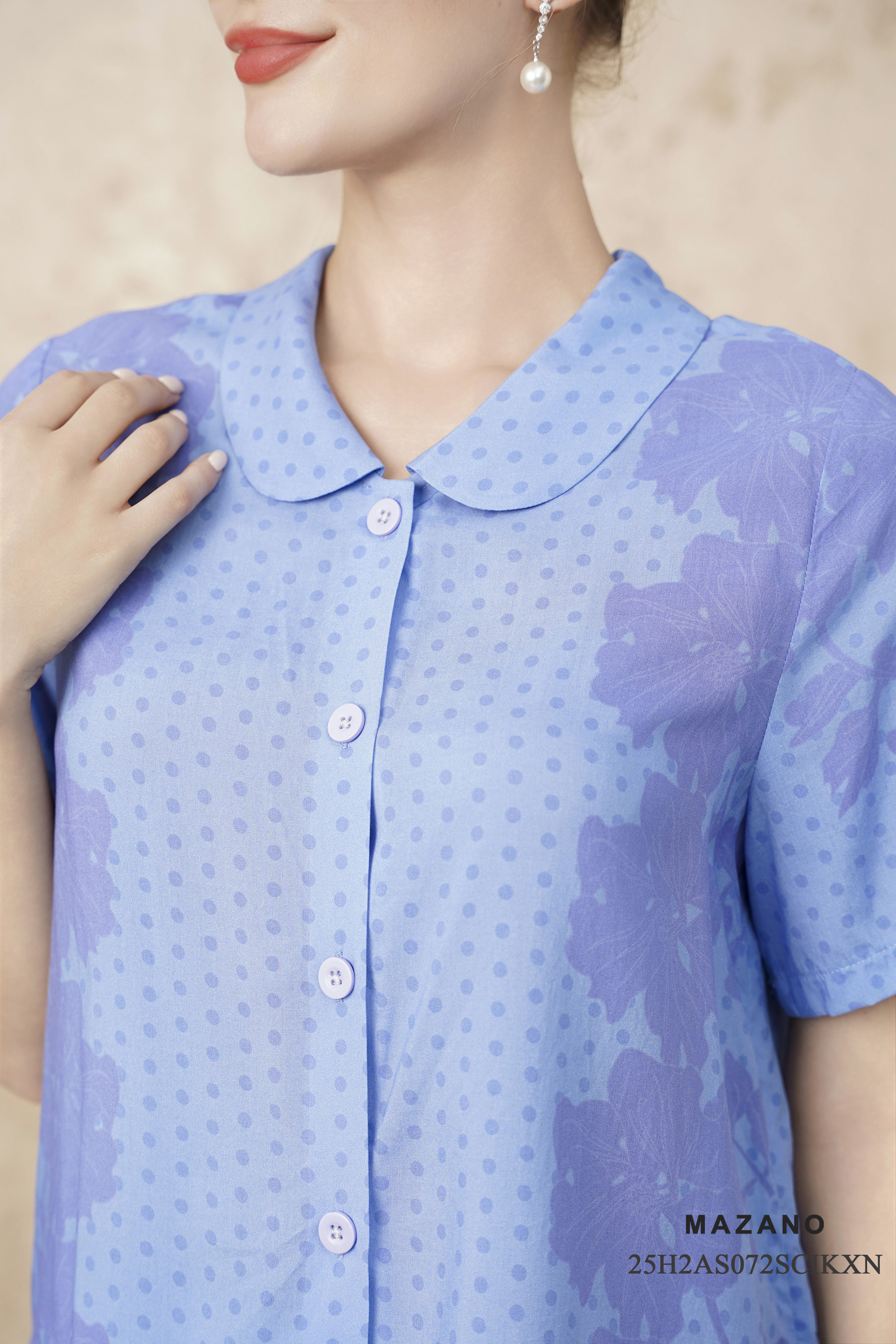 Áo sơ mi Vải Cotton In họa tiết hoa đối xứng Cổ bẻ Tay ngắn Dài dưới eo_thumbnail_2