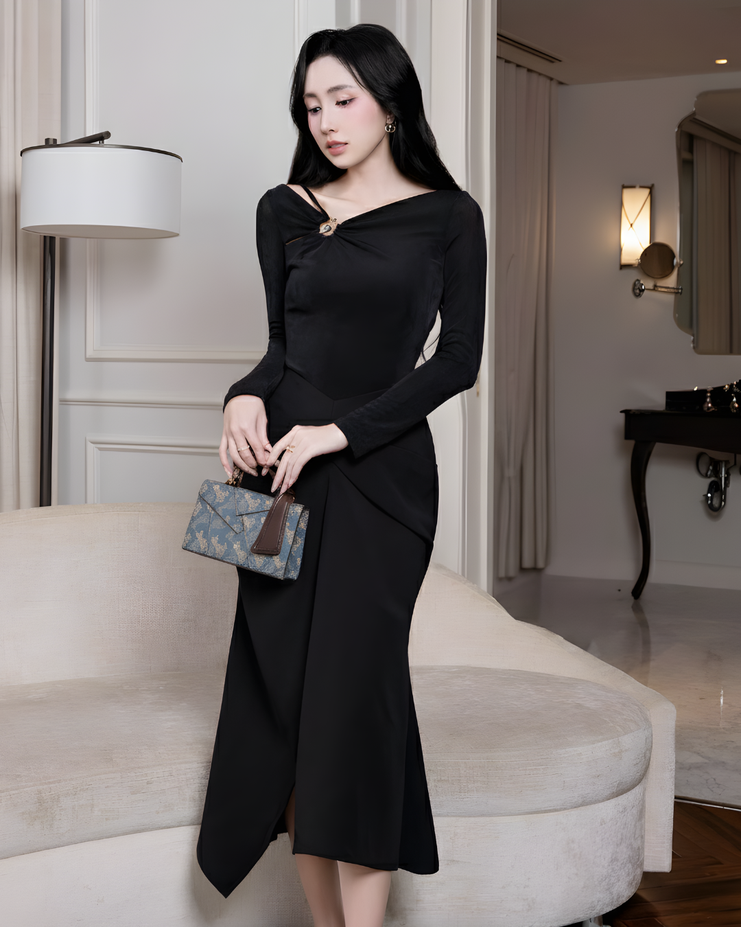 Túi xách UHE_2519 Vera – túi kẹp nách họa tiết vintage, tay cầm da nâu_thumbnail_7