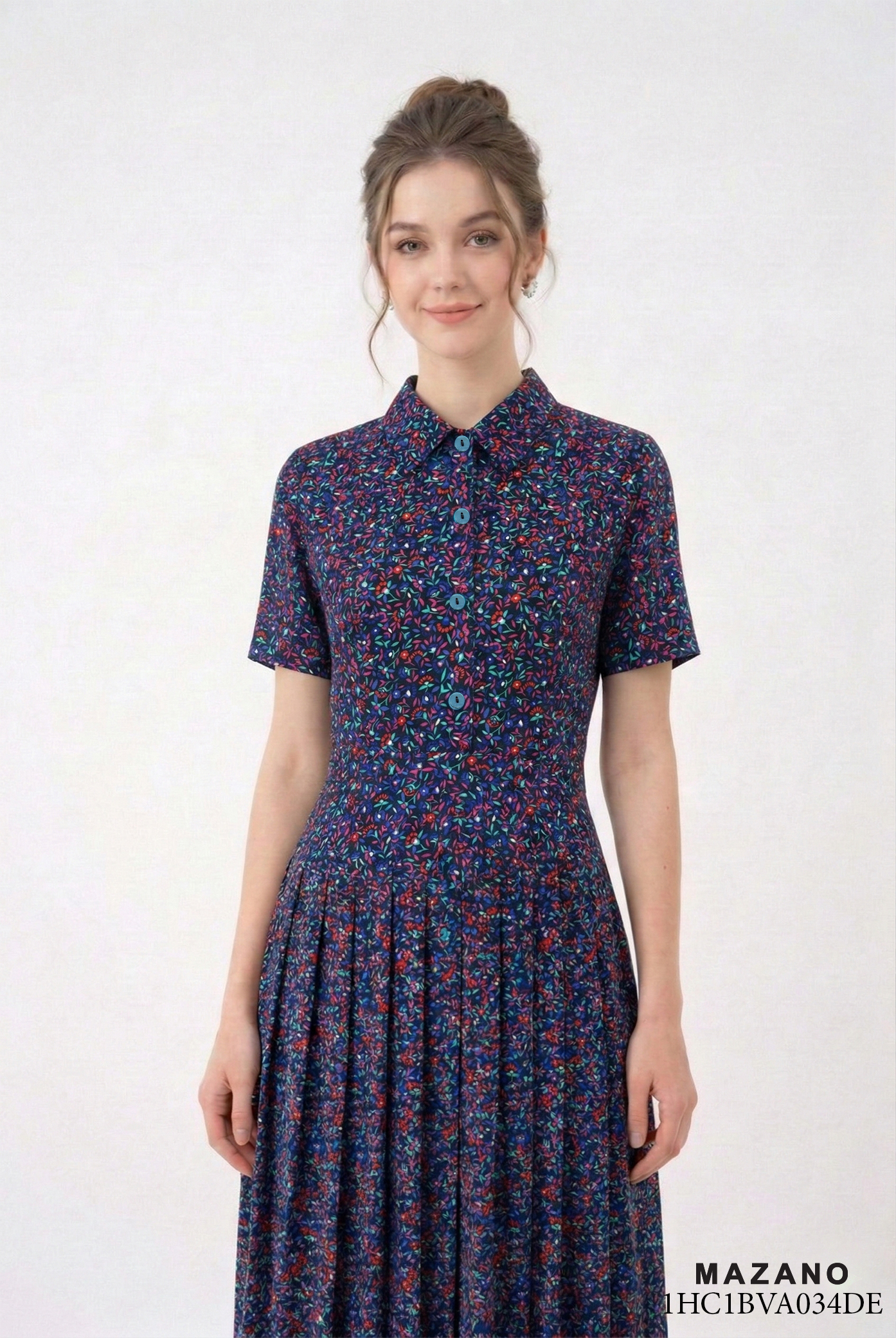 Đầm vải voan dày in hoa nhí xanh dáng ôm chân xếp ly cổ sơ mi tay ngắn thiết kế MAZANO