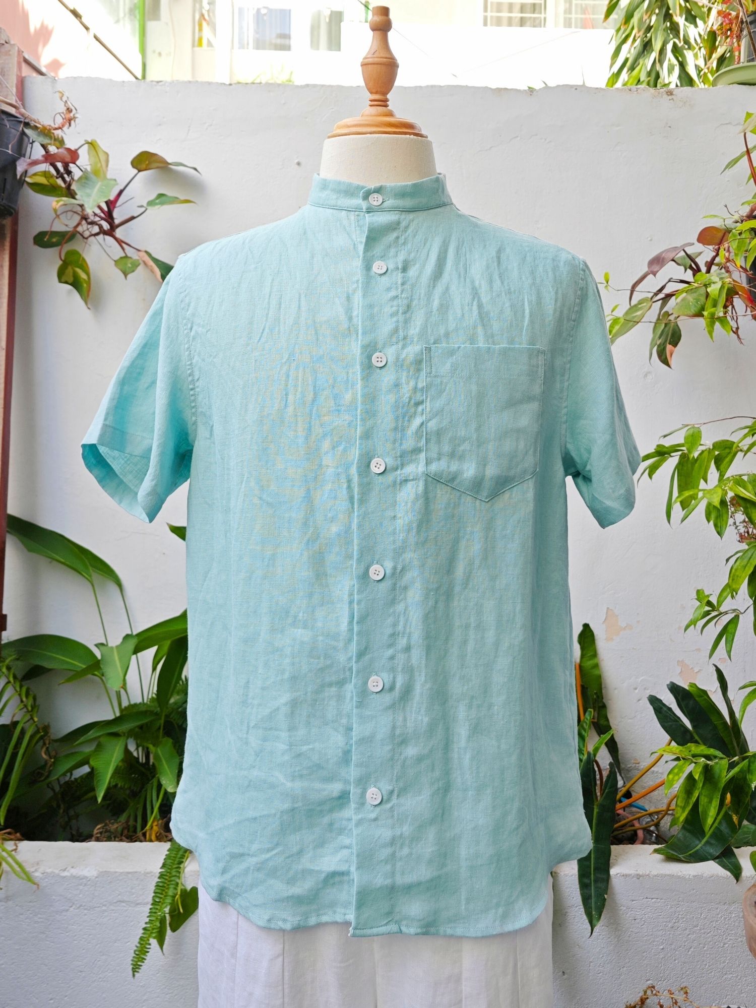 Sơ mi 100% linen tay ngắn cổ Trụ - cổ Tàu