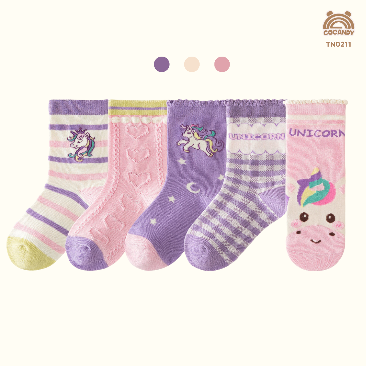 Set 5 đôi tất TÍM kỳ lân phối HỒNG