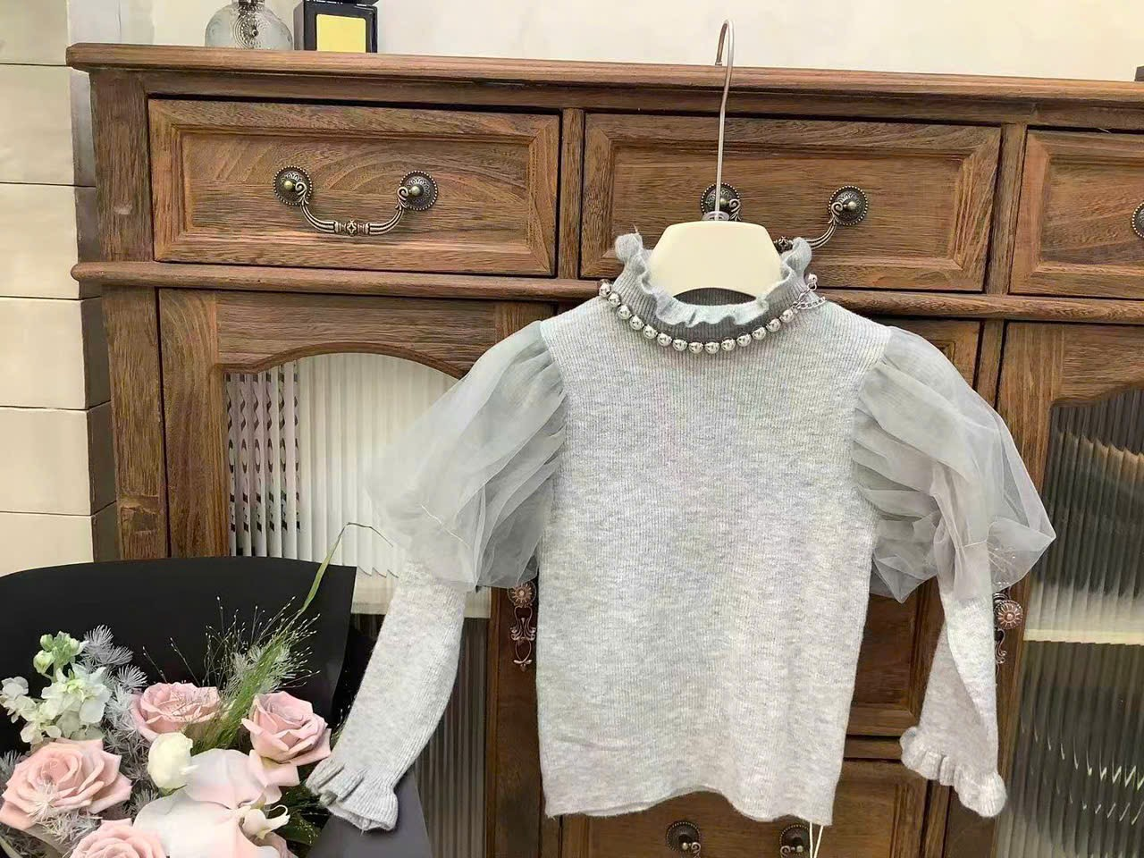 (G252) Áo len mỏng tay bồng màu xám_thumbnail_0