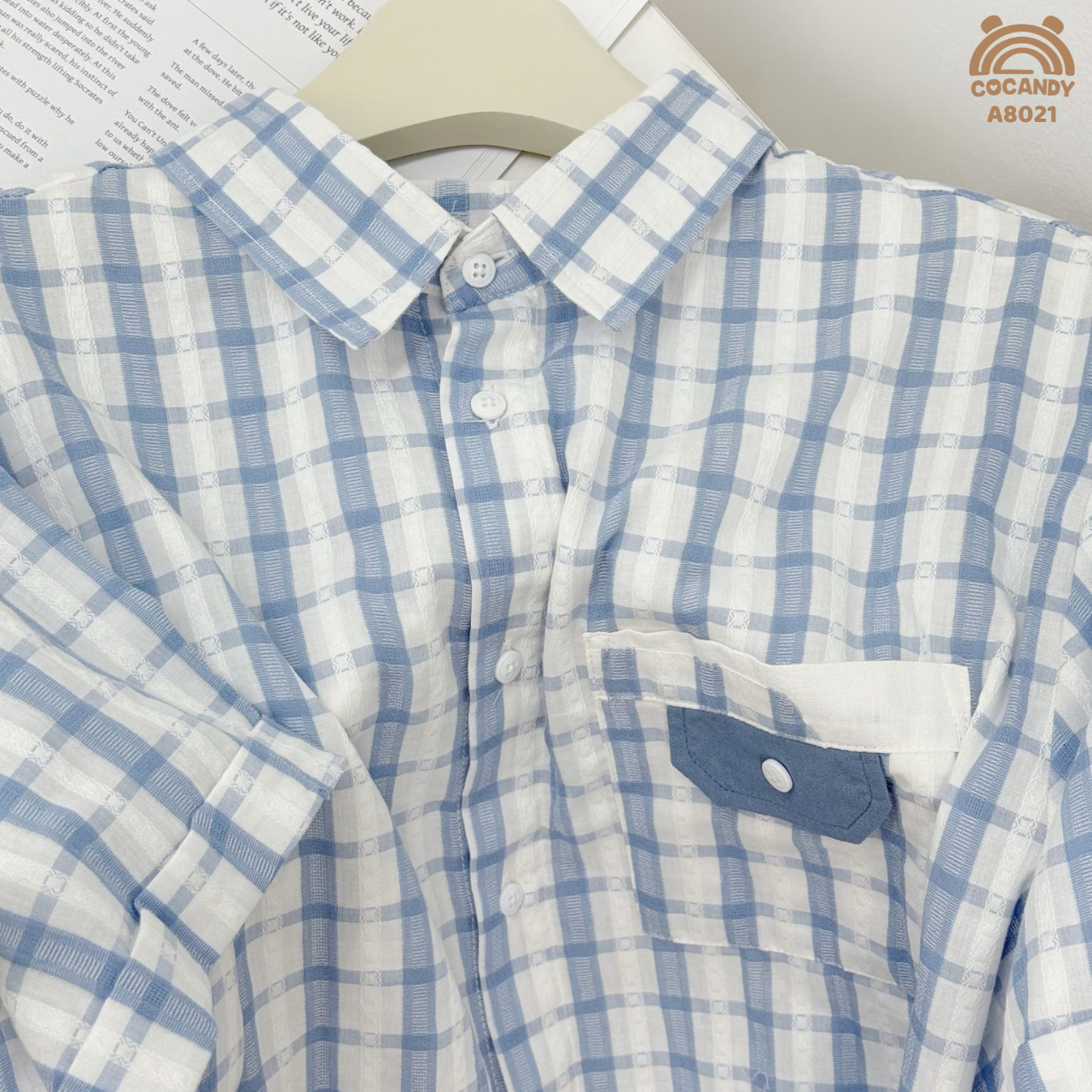 Áo cộc sơ mi caro XANH cổ bẻ túi giả nắp xanh_thumbnail_3