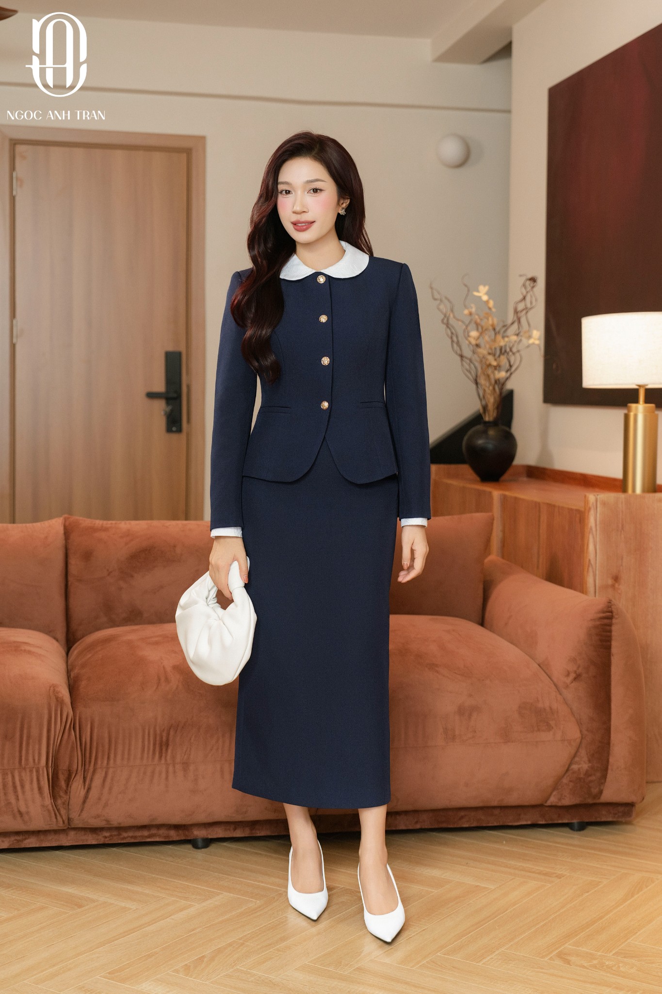 A235 - Set áo vest navy cổ tròn cúc kim loại phối chân váy xẻ sau