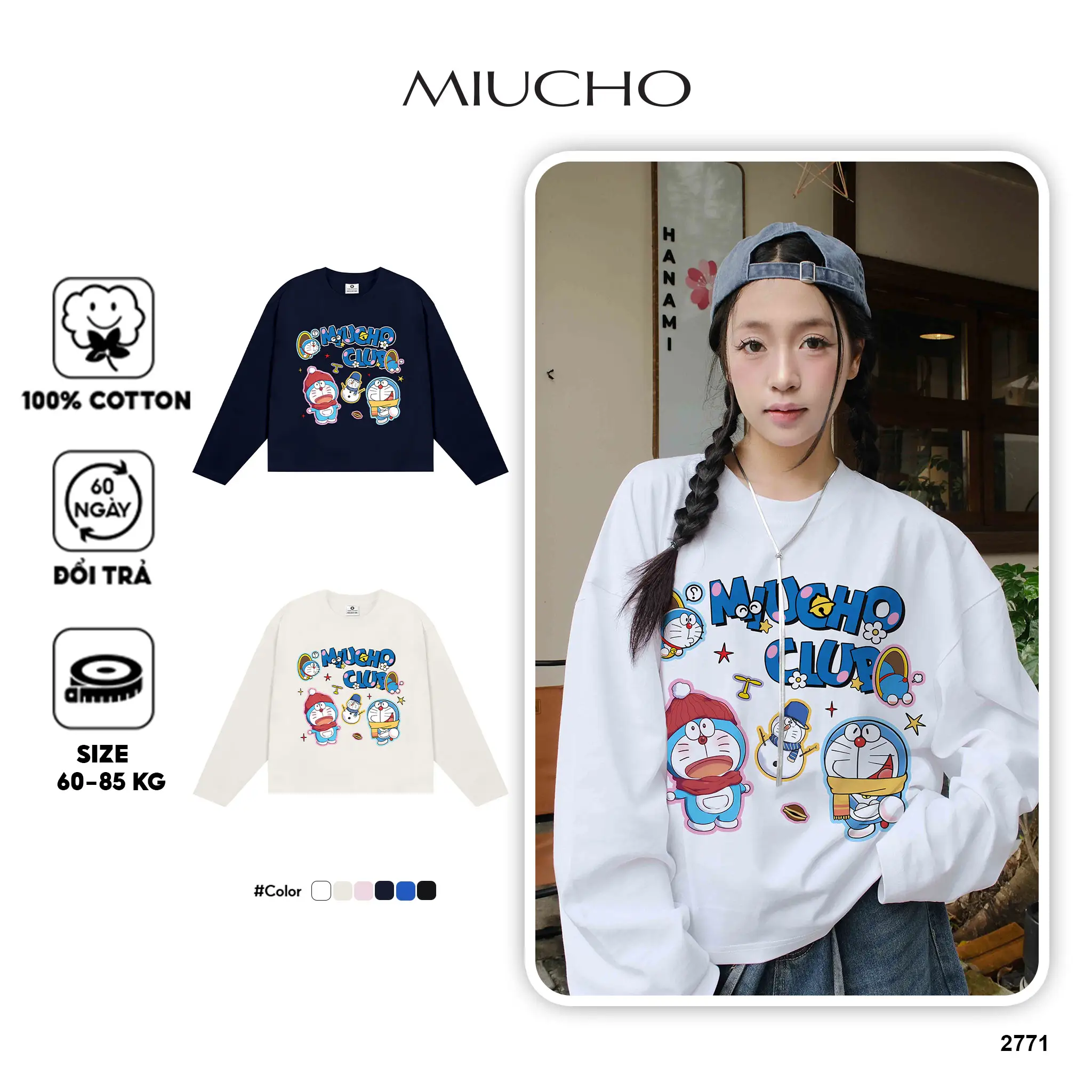 Áo thun boxy local brand Miucho vải cotton thoáng mát tay dài cổ tròn Doremon in mix 2771