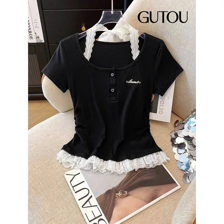 [GUTOU] Áo thun gân tăm phối ren cổ vuông_thumbnail_5