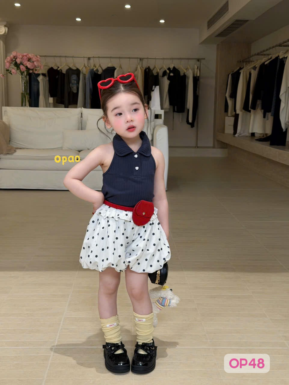 OP48 - Set cotton áo cổ trụ sát nách kèm chân váy bi hãng Opao